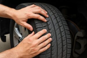 Hands inspecting RV tow vehicle tire for wear and cracks
