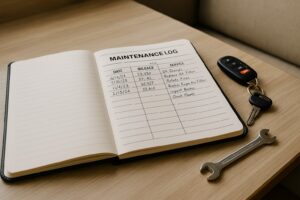 Maintenance log for a tow vehicle and motorhome with dates and mileage recorded