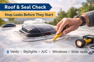 Close-up of an RV roof vent showing sealant inspection to prevent water leaks