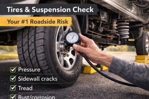 Two-panel image showing an RV battery terminal inspection and a fresh-water system flush with leak check