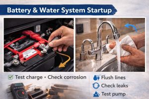 Two-panel image showing an RV battery terminal inspection and a fresh-water system flush with leak check.