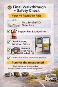Infographic checklist for RV safety gear tests, final walkthrough, and preparedness before traveling